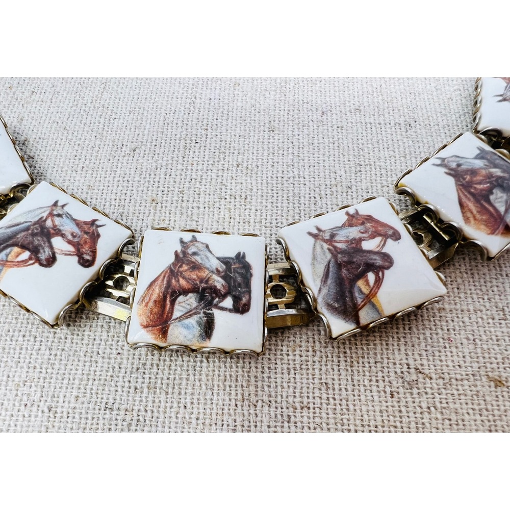 Vintage Equestrian Horse Portrait Porcelain Tile Link Bracelet Gold Tone 7.5in - Picture 4 of 11